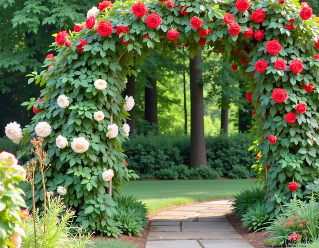 freepik__a-path-with-a-rose-pergola-covered-in-red-and-whit__5518 | Moje Dvorište neformalna bašta -stil | Moje Dvorište
