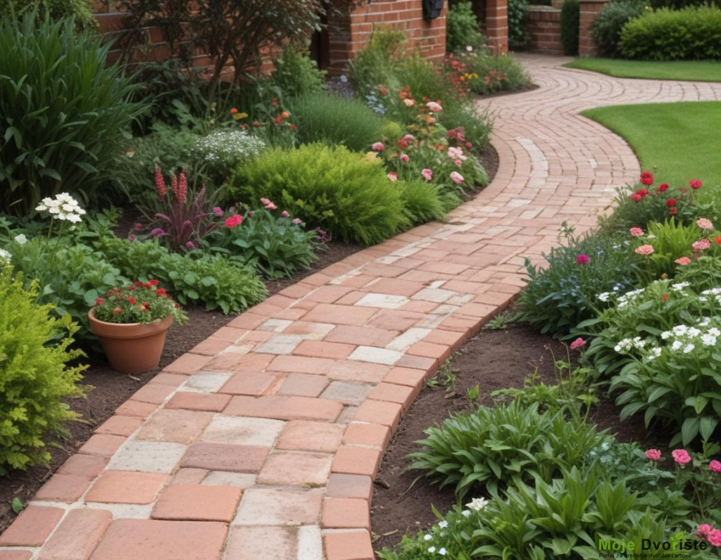 freepik__a-curved-brick-path-through-a-garden-with-green-pl__71207 | Moje Dvorište Tradicionalni baštenski stil, staza od cigala | Moje Dvorište
